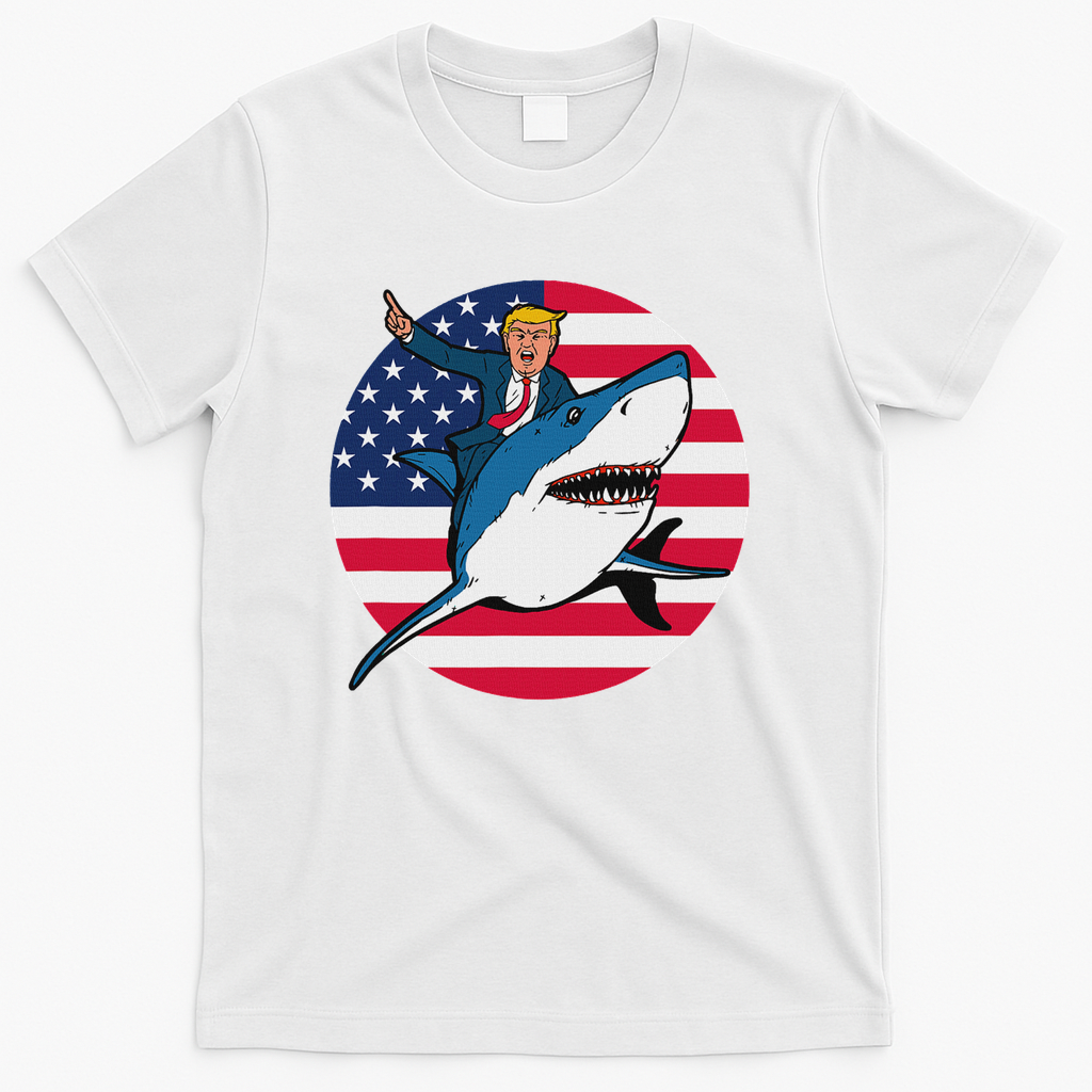 Trump President For Women Gifts Girl Men Kids Riding Shark T-Shirt - White
