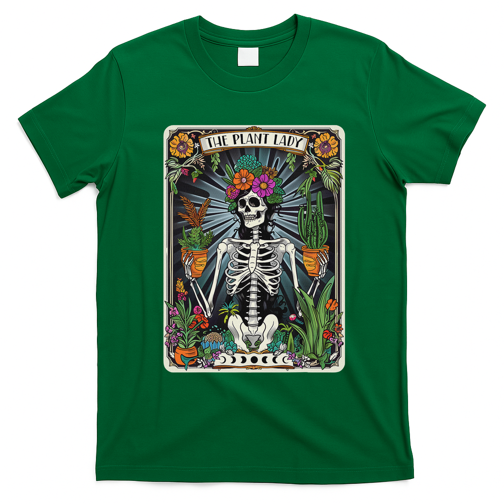 The Plant Lady Funny Mystic Skeleton Tarot Cards Plant Lover T-Shirt - Irish Green