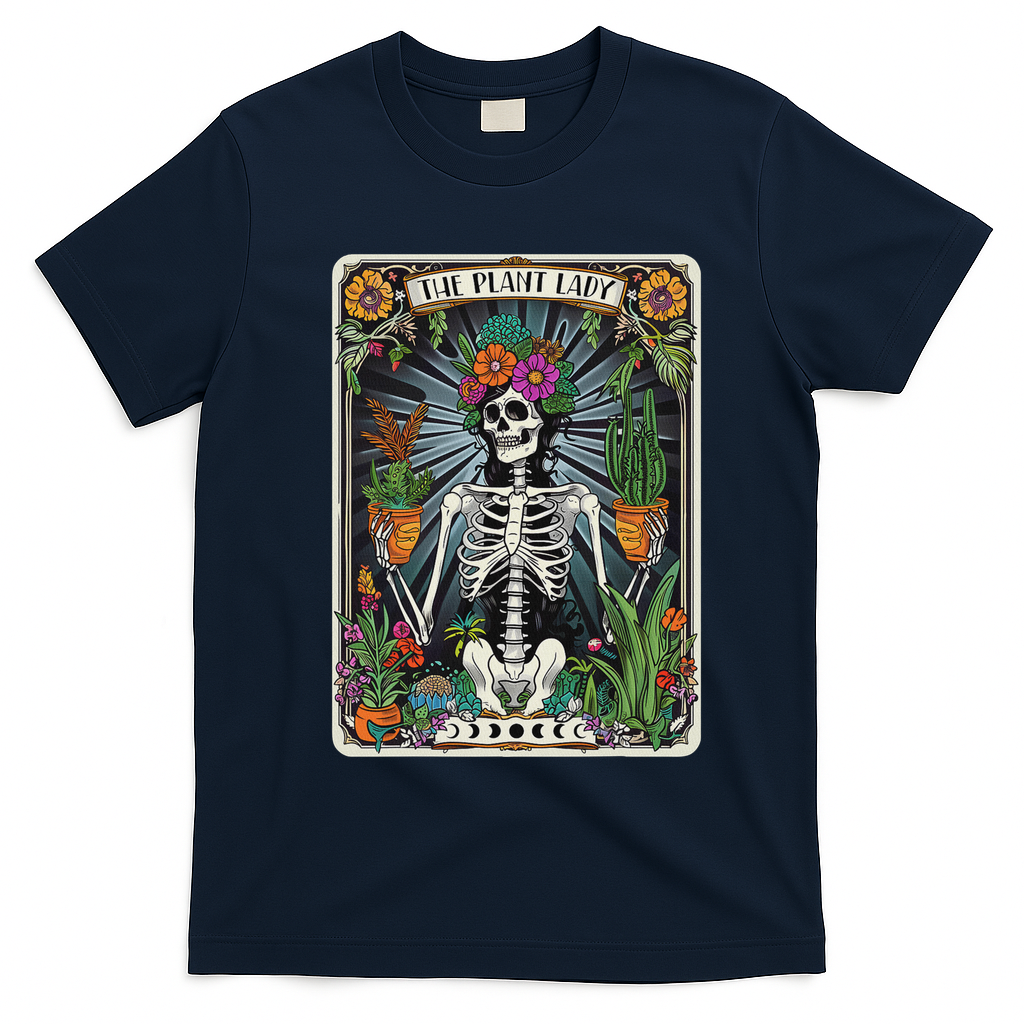 The Plant Lady Funny Mystic Skeleton Tarot Cards Plant Lover T-Shirt - Navy Blue