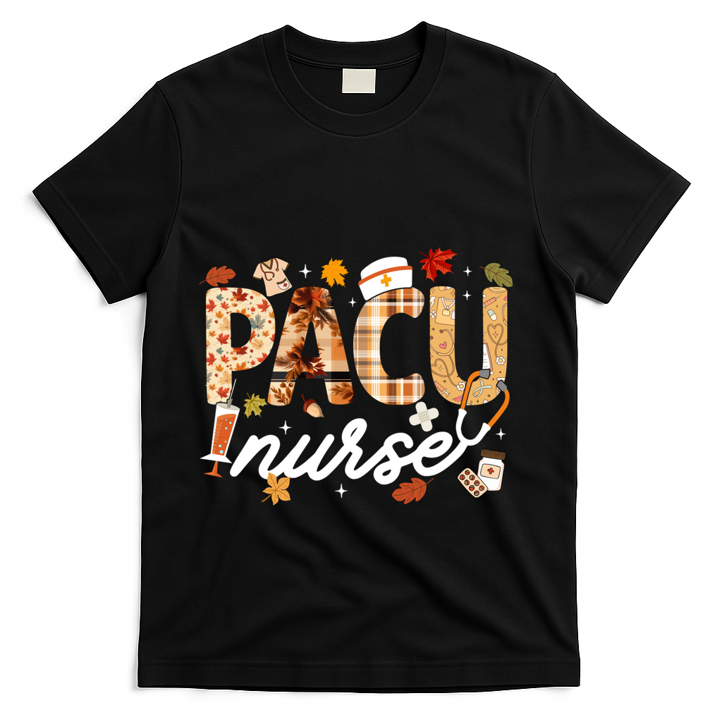 Thanksgiving Pacu Nurse Fall Autumn Leaves Stethoscope Gift T-Shirt - Black