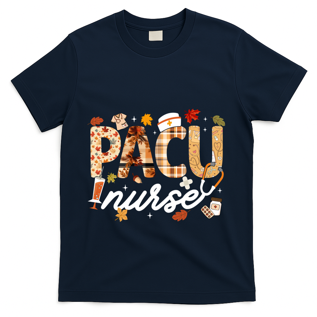 Thanksgiving Pacu Nurse Fall Autumn Leaves Stethoscope Gift T-Shirt - Navy