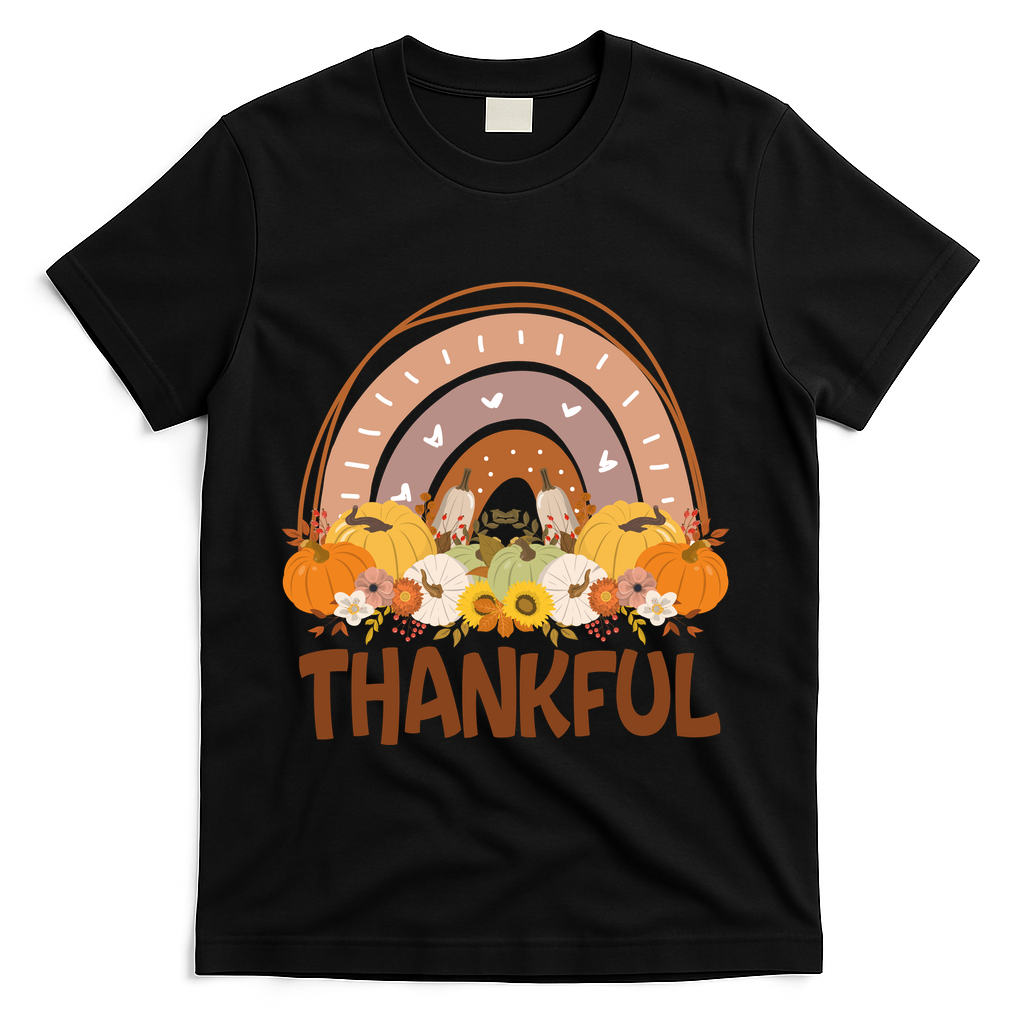 Thankful Pumpkin Patch Cute Rainbow Holiday T-Shirt - Black