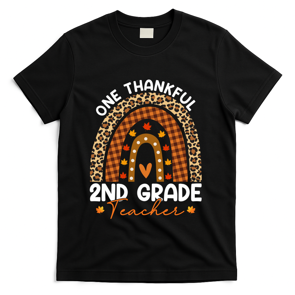 Thanksgiving Rainbow Leopard One Thankful 2nd Grade Teacher Gift T-Shirt - Black