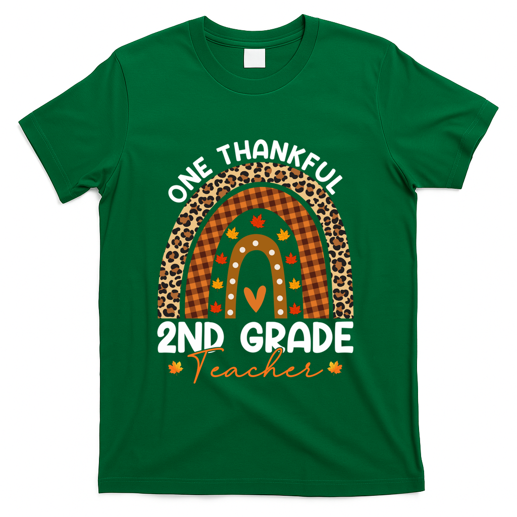 Thanksgiving Rainbow Leopard One Thankful 2nd Grade Teacher Gift T-Shirt - Green
