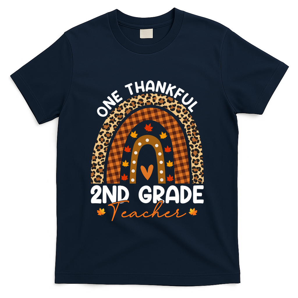Thanksgiving Rainbow Leopard One Thankful 2nd Grade Teacher Gift T-Shirt - Navy