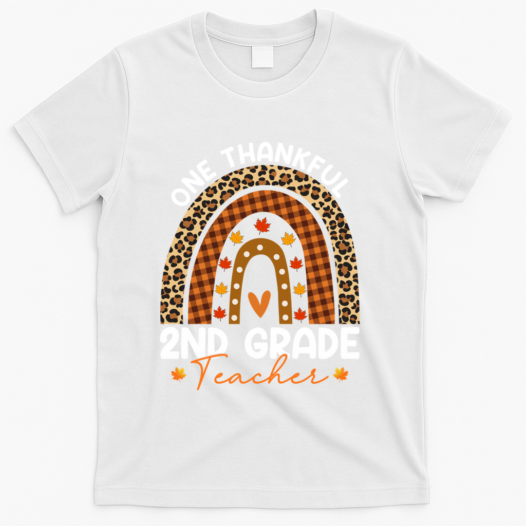 Thanksgiving Rainbow Leopard One Thankful 2nd Grade Teacher Gift T-Shirt - White