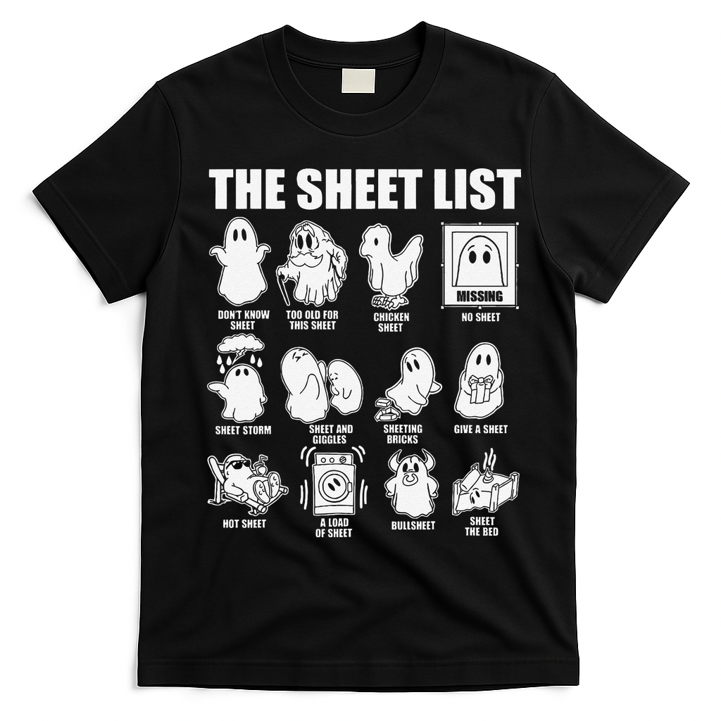 The Sheet List Halloween Funny Boo Sheet Ghost Halloween T-Shirt - Black