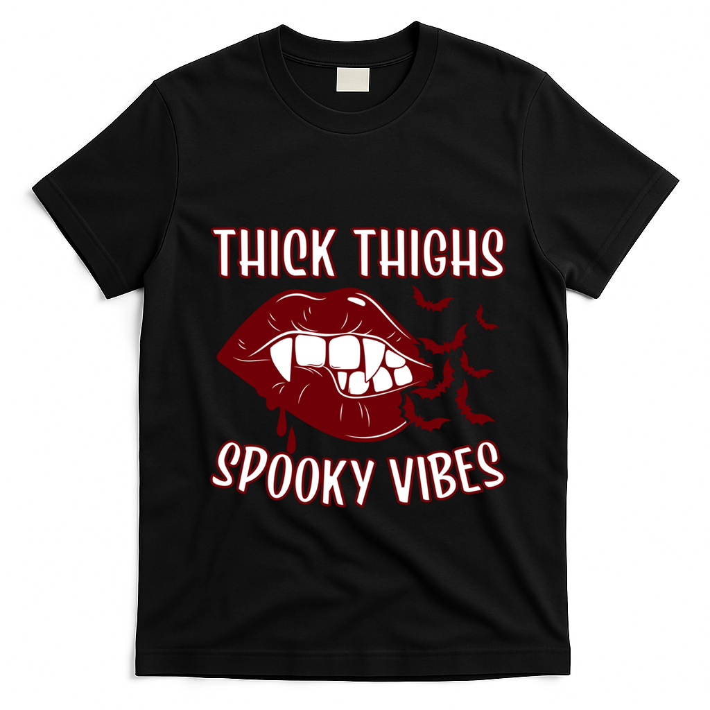 Thick Thighs And Spooky Vibes Vampire Bat Lips Gift T-Shirt - Black