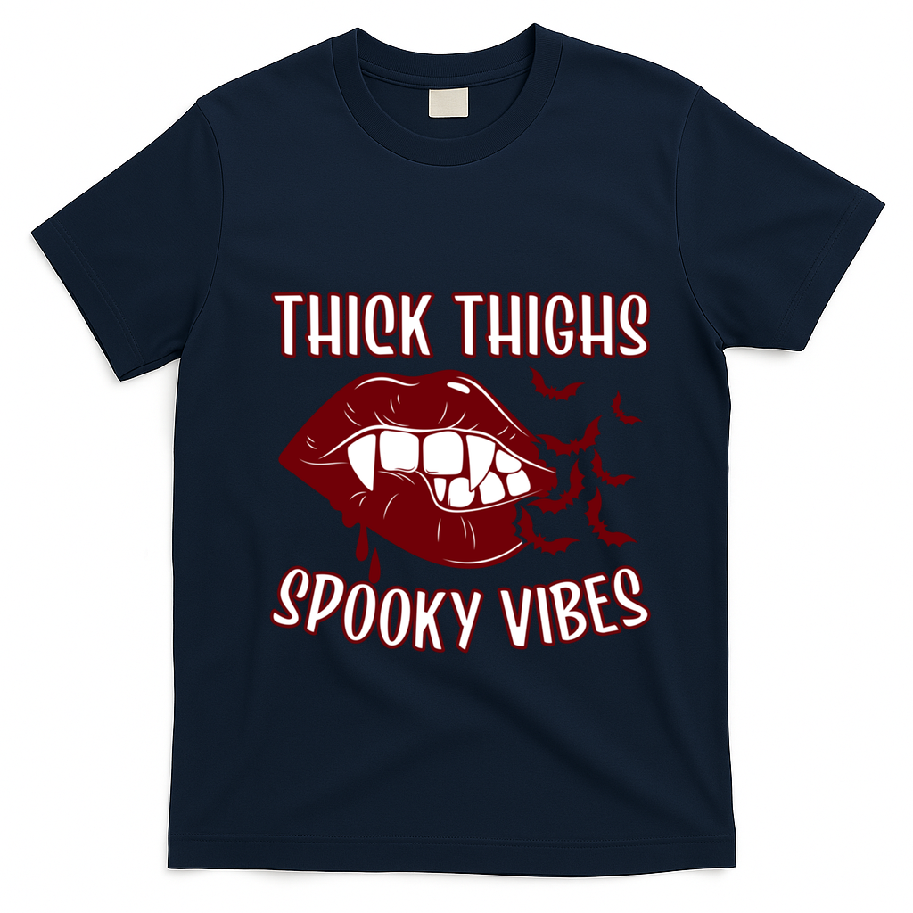 Thick Thighs And Spooky Vibes Vampire Bat Lips Gift T-Shirt - Navy Blue