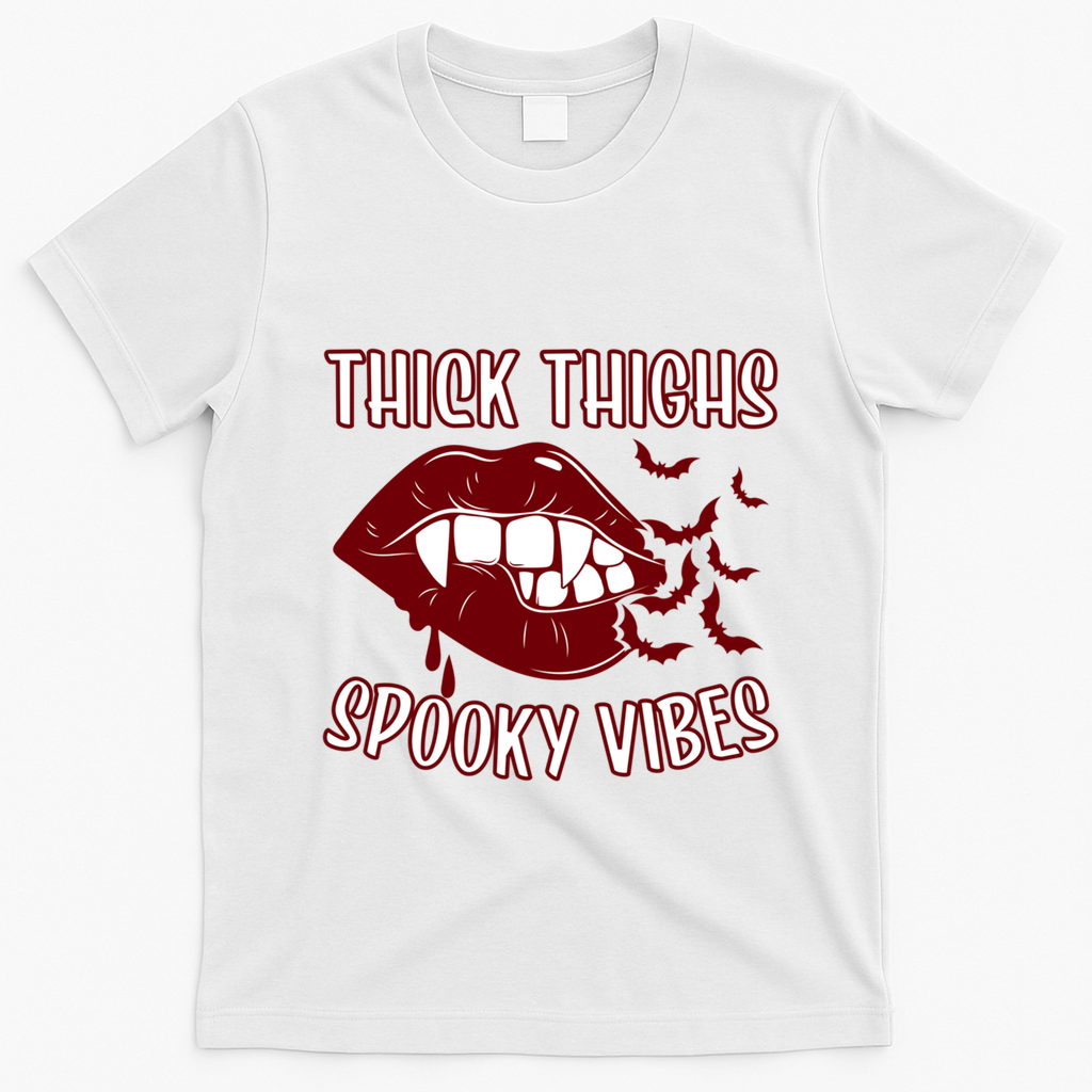 Thick Thighs And Spooky Vibes Vampire Bat Lips Gift T-Shirt - White