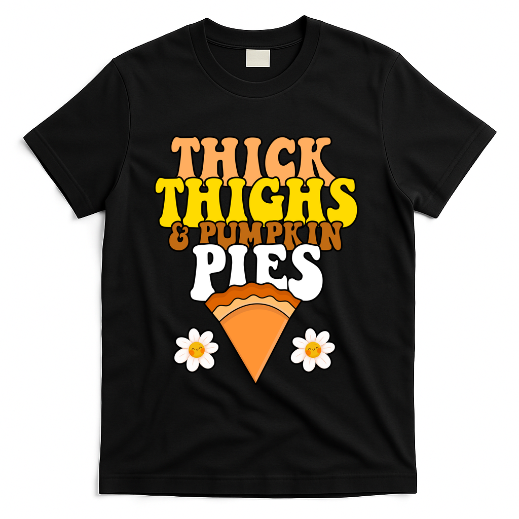 Thick Thighs And Pumpkin Pies Cute Thanksgiving T-Shirt - Black