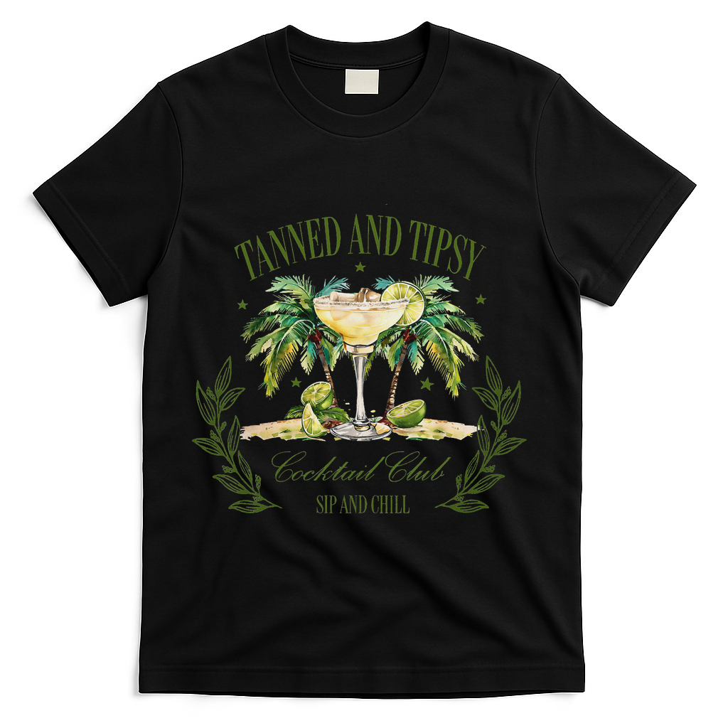 Tanned & Tipsy Cocktail Club Sip & Chill Summer Hawaii Beach T-Shirt - Black