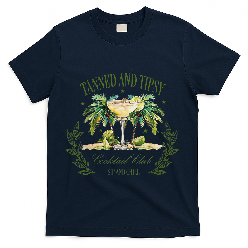 Tanned & Tipsy Cocktail Club Sip & Chill Summer Hawaii Beach T-Shirt - Navy