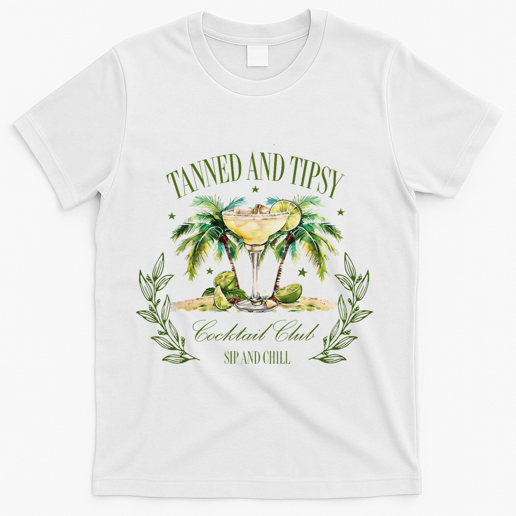 Tanned & Tipsy Cocktail Club Sip & Chill Summer Hawaii Beach T-Shirt - White