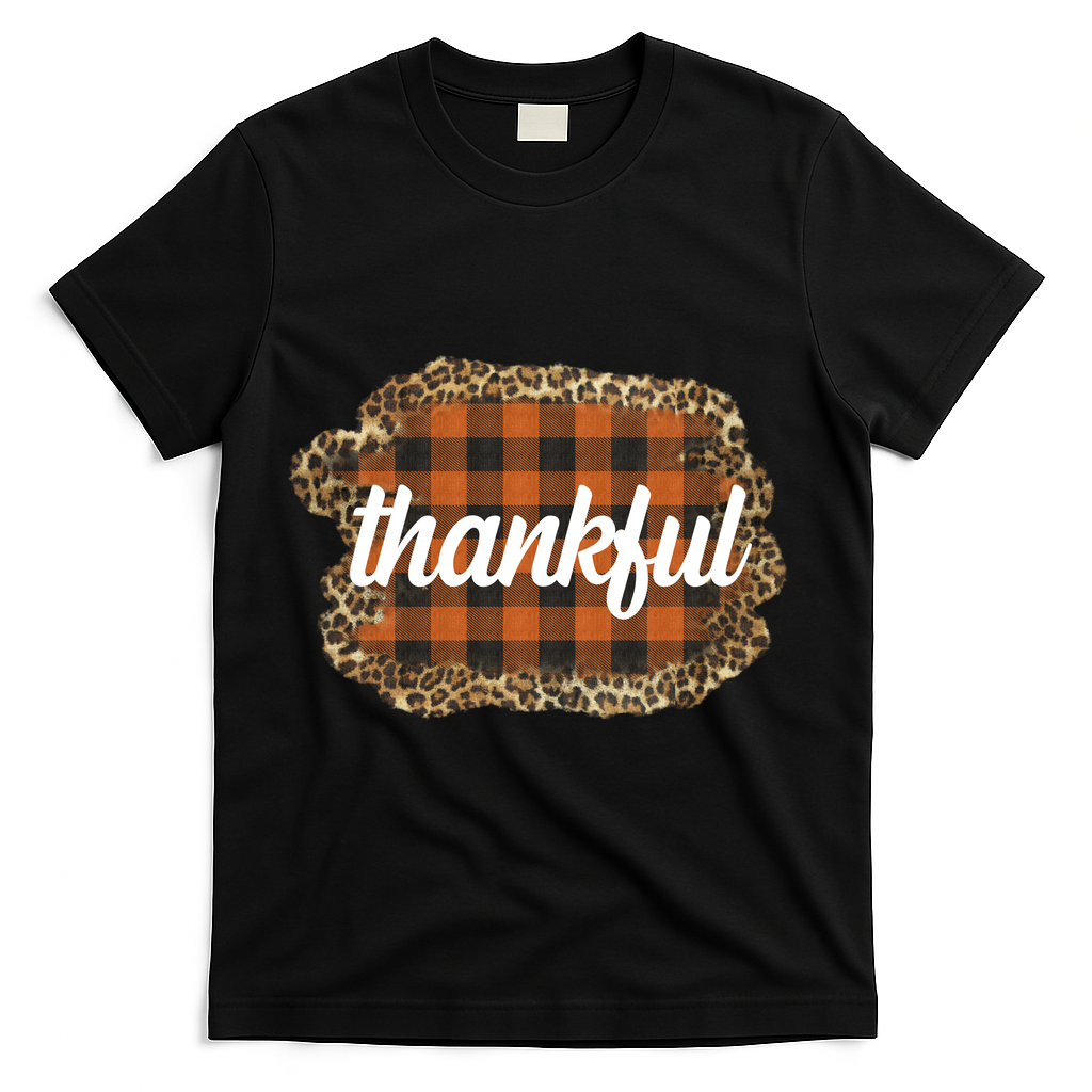 Thankful Thanksgiving Holiday Cheetah Plaid T-Shirt - Black