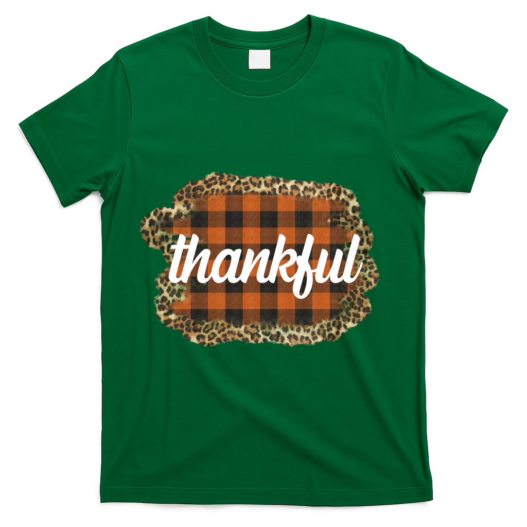 Thankful Thanksgiving Holiday Cheetah Plaid T-Shirt - Green