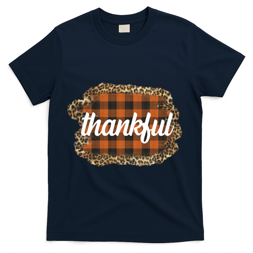 Thankful Thanksgiving Holiday Cheetah Plaid T-Shirt - Navy