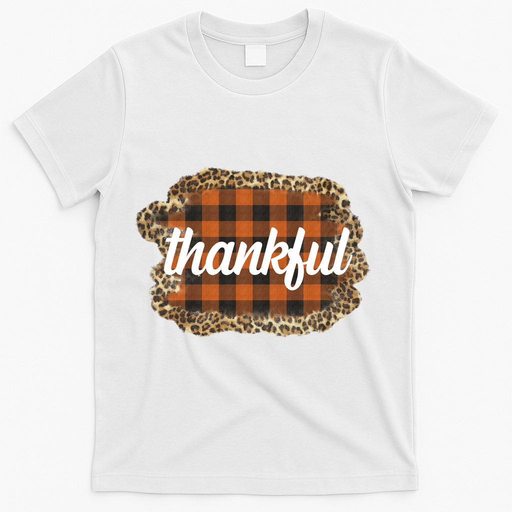 Thankful Thanksgiving Holiday Cheetah Plaid T-Shirt - White