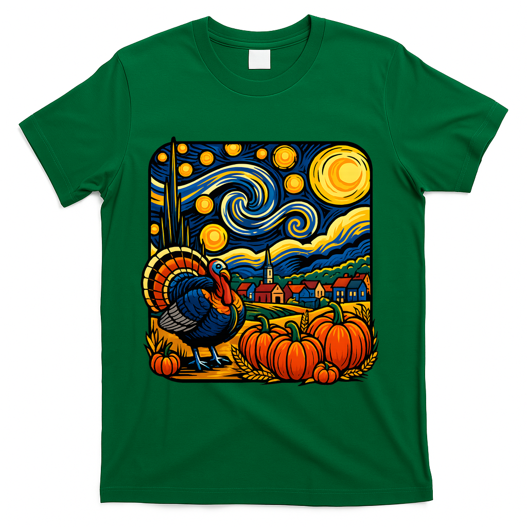 Thanksgiving Turkey Pumpkin Harvest Starry Night Art T-Shirt - Green