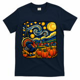 Thanksgiving Turkey Pumpkin Harvest Starry Night Art T-Shirt - Navy