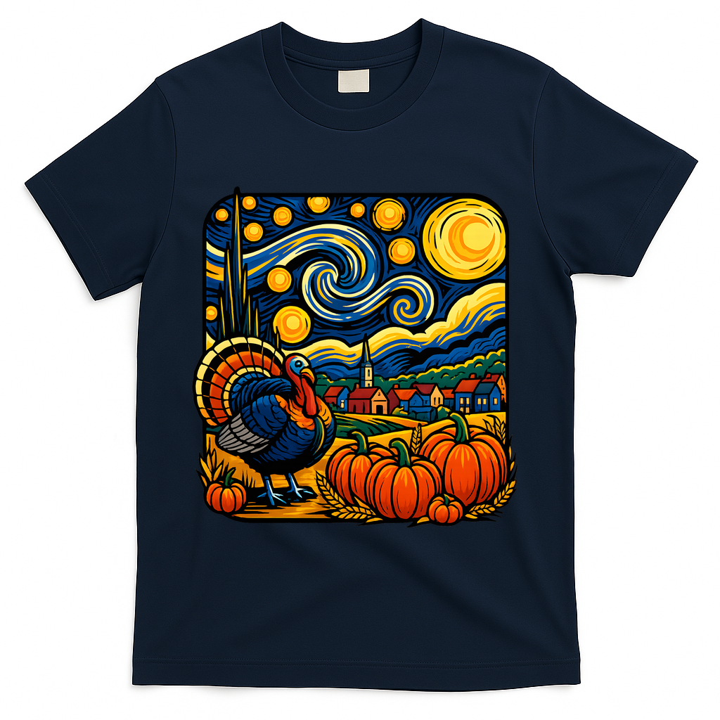Thanksgiving Turkey Pumpkin Harvest Starry Night Art T-Shirt - Navy