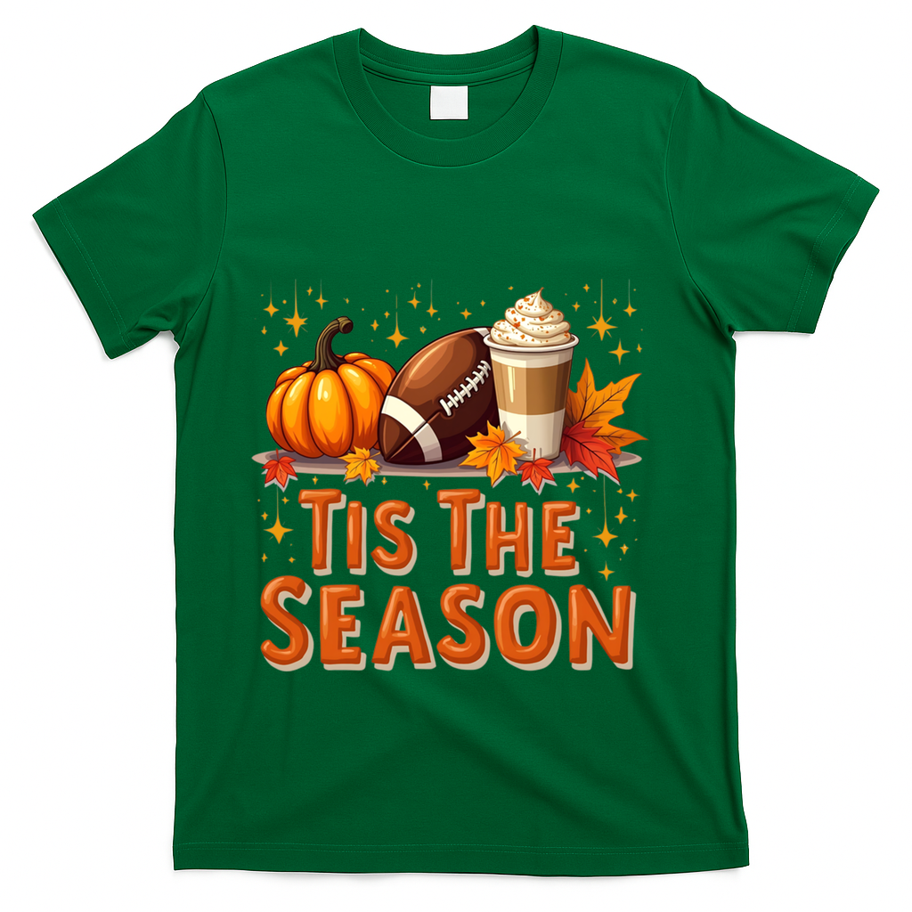 Tis The Season Fall Autumn Football Pumpkin Coffee Leaves Funny Gift T-Shirt - Green