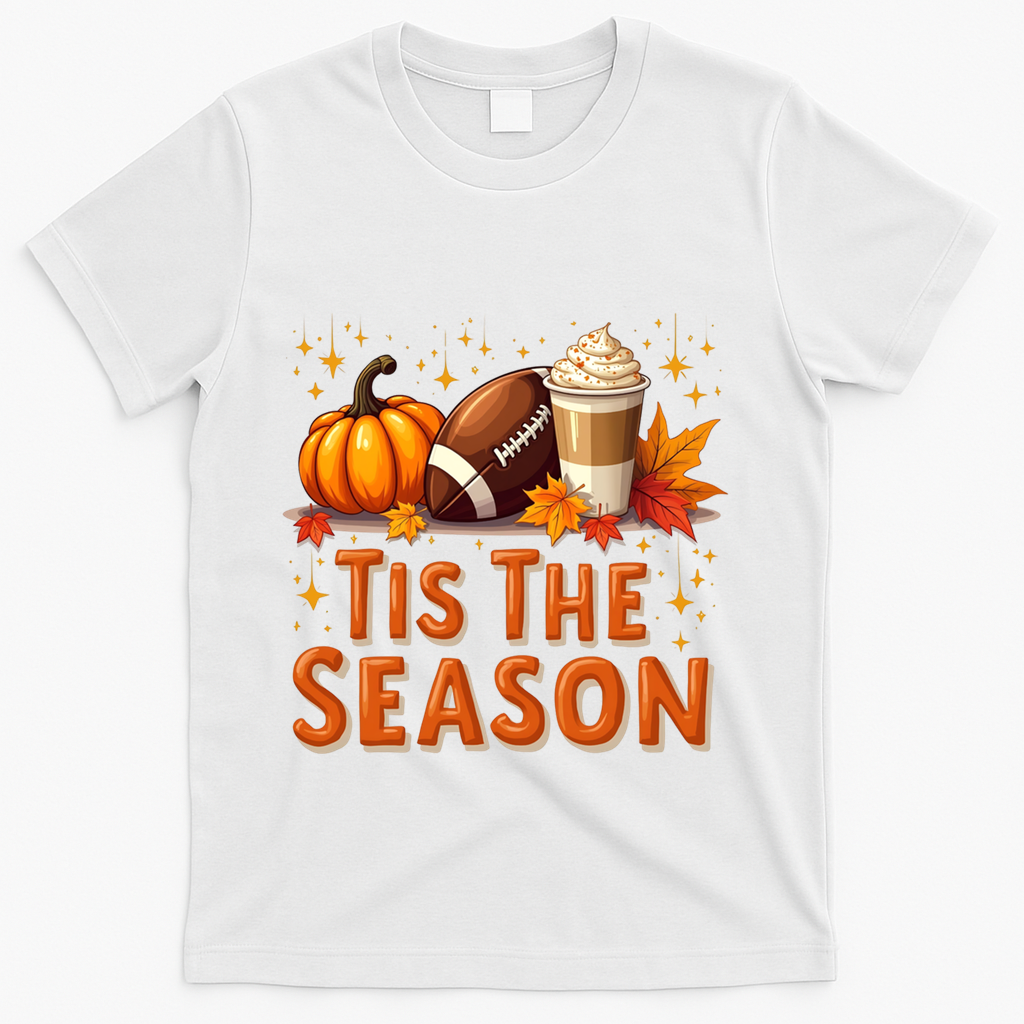Tis The Season Fall Autumn Football Pumpkin Coffee Leaves Funny Gift T-Shirt - White