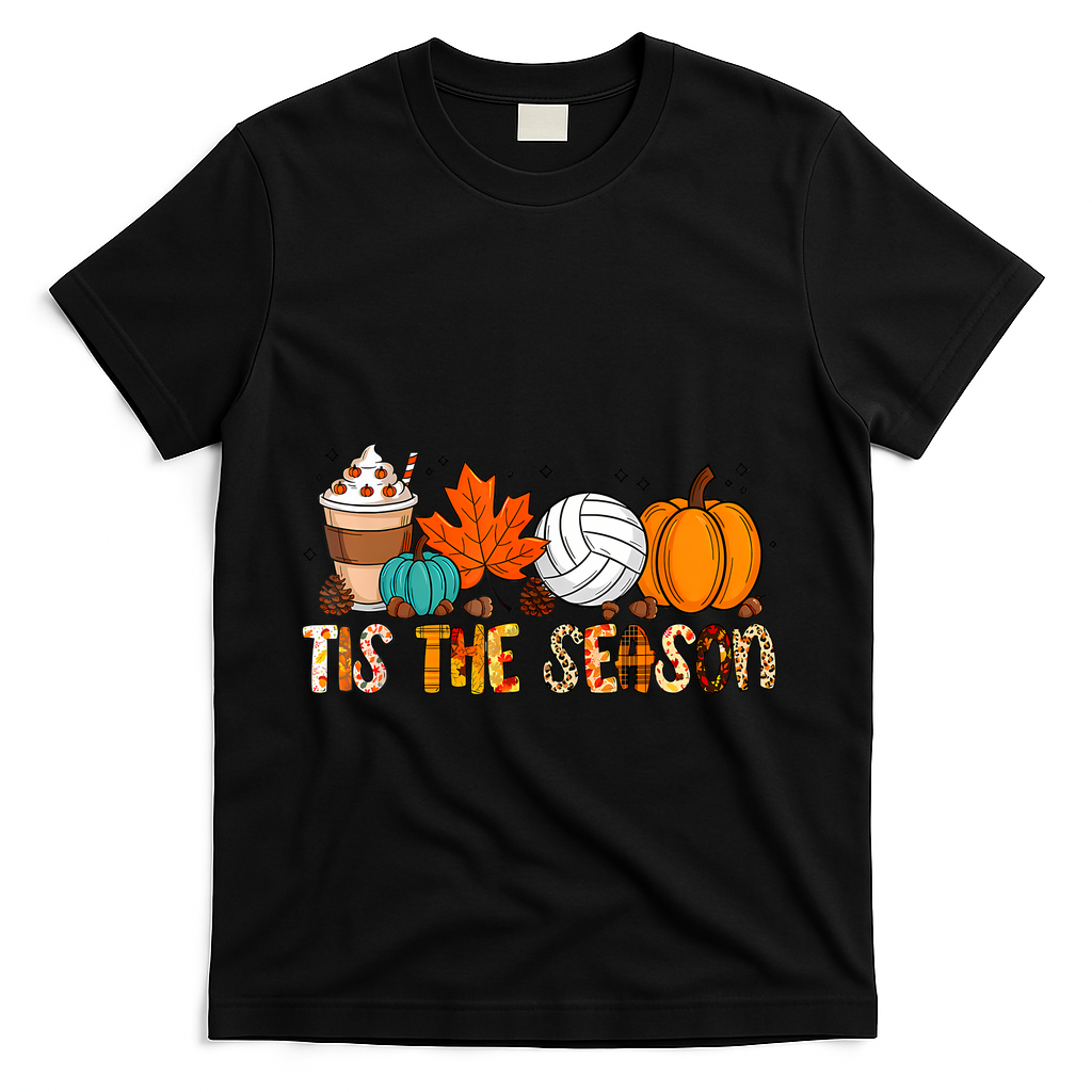 Tis The Season Volleyball Pumpkin Leaf Latte Fall Autumn Boy T-Shirt - Black