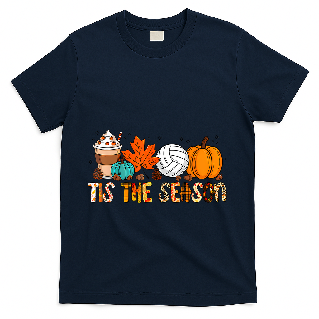 Tis The Season Volleyball Pumpkin Leaf Latte Fall Autumn Boy T-Shirt - Navy