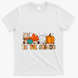 Tis The Season Volleyball Pumpkin Leaf Latte Fall Autumn Boy T-Shirt - White