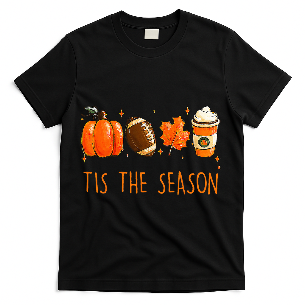 Tis The Season Autumn Football Pumpkin Leaves Funny T-Shirt - Black