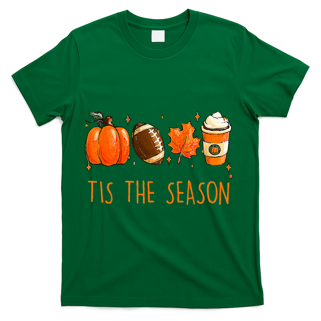 Tis The Season Autumn Football Pumpkin Leaves Funny T-Shirt - Green