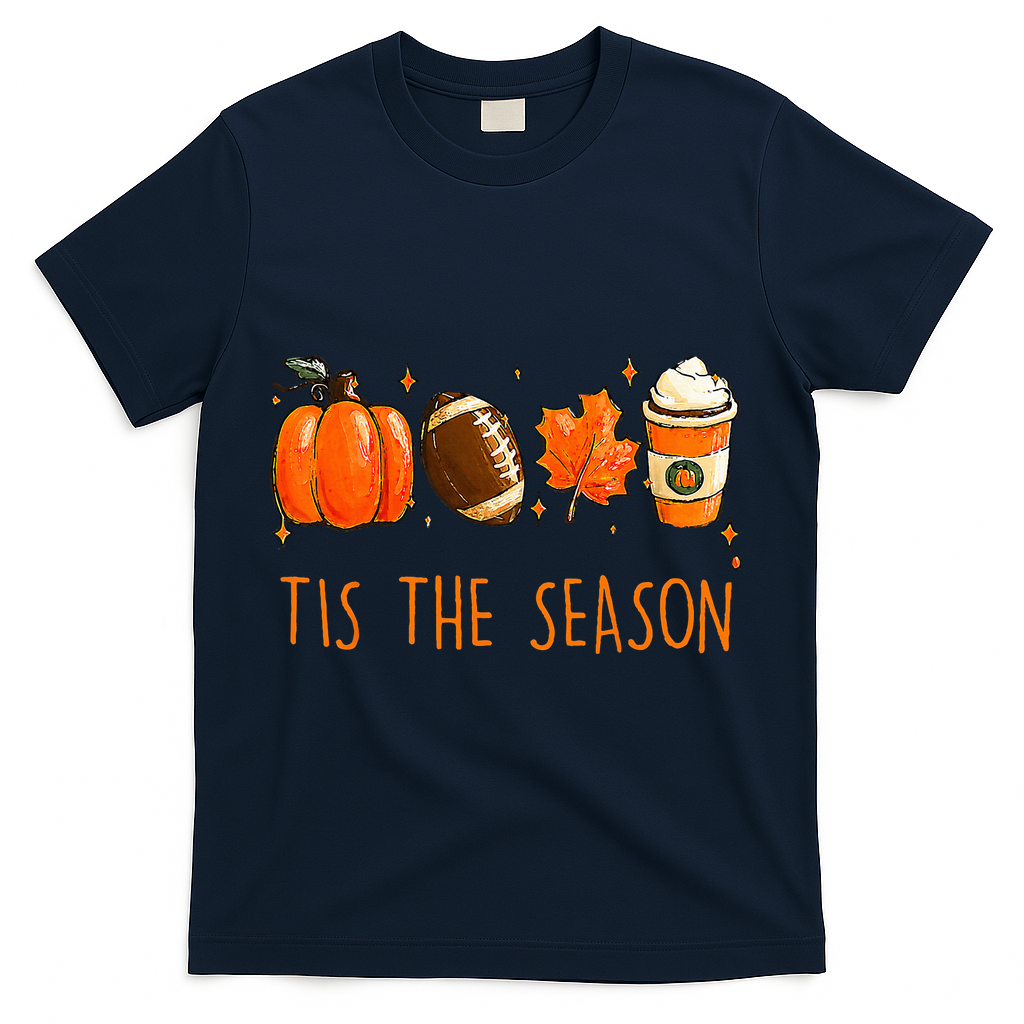 Tis The Season Autumn Football Pumpkin Leaves Funny T-Shirt - Navy