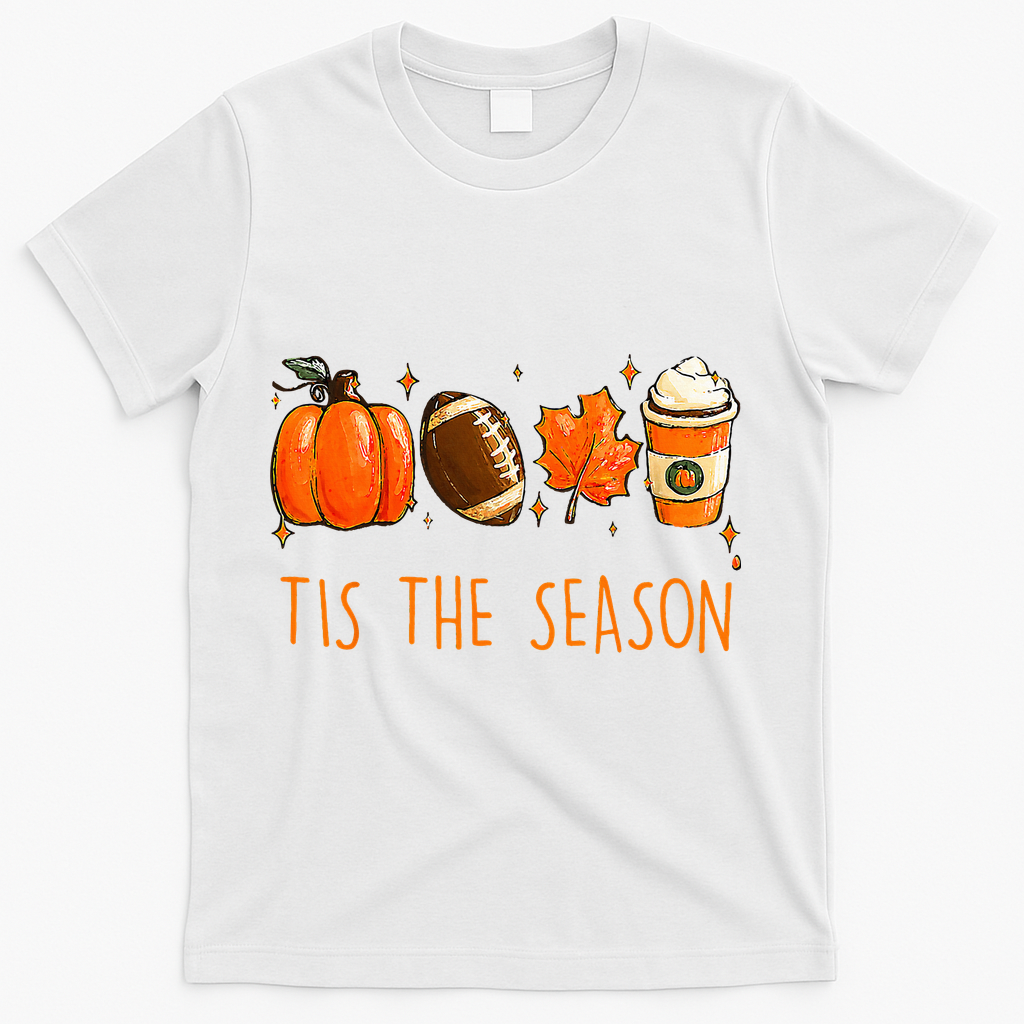 Tis The Season Autumn Football Pumpkin Leaves Funny T-Shirt - White