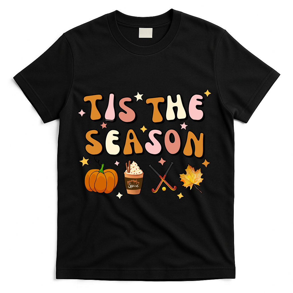 Tis The Season Field Hockey Pumpkin Latte Fall Thanksgiving Cute Gift T-Shirt - Black