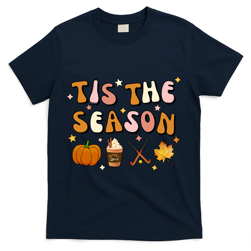 Tis The Season Field Hockey Pumpkin Latte Fall Thanksgiving Cute Gift T-Shirt - Navy