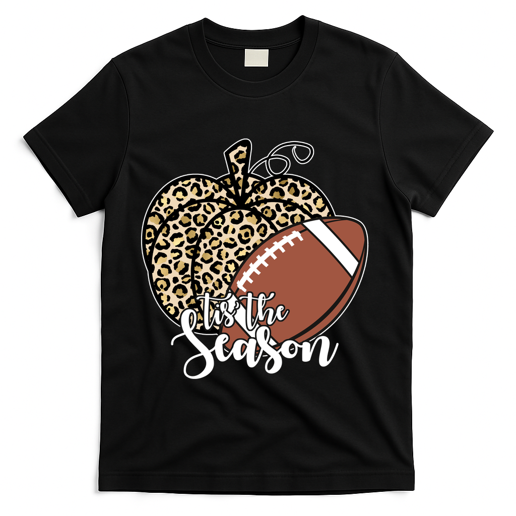 Tis The Season Leopard Pumpkin Football Fall Autumn T-Shirt - Black