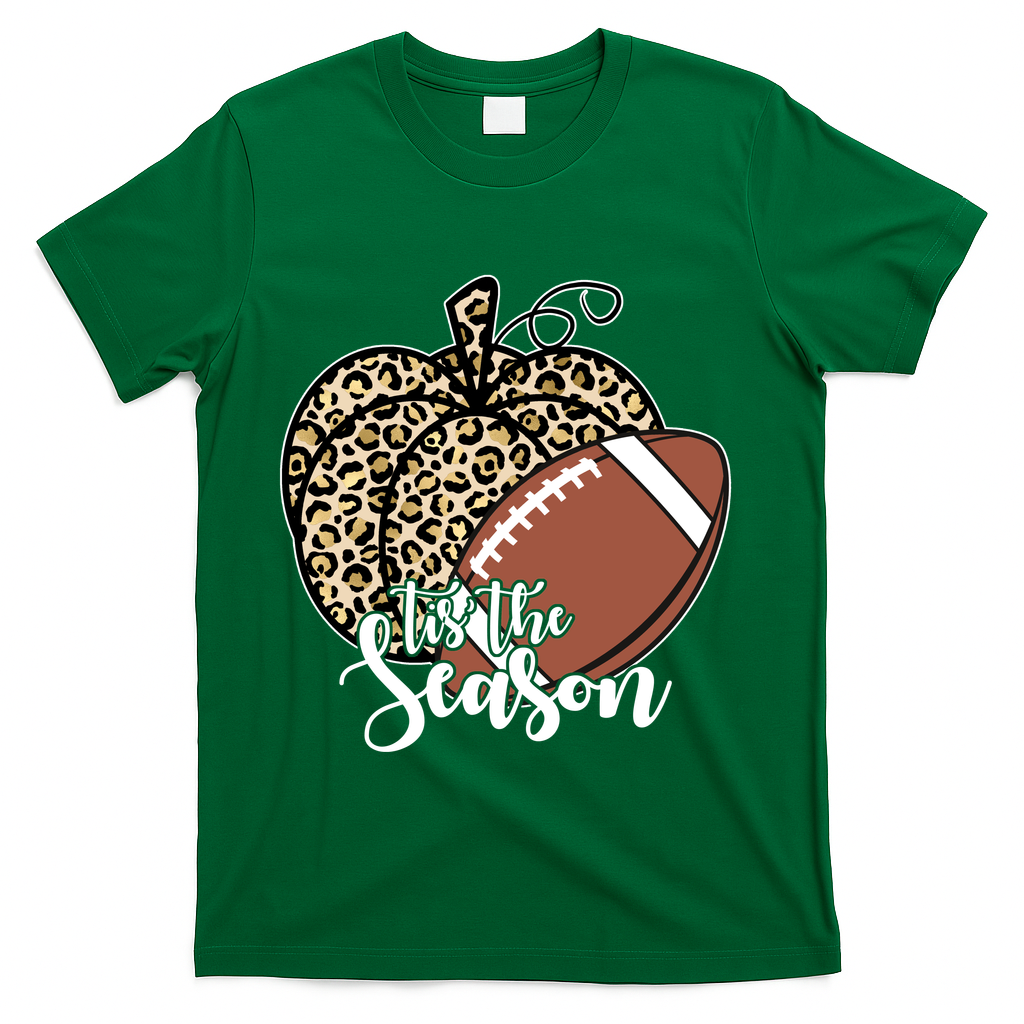 Tis The Season Leopard Pumpkin Football Fall Autumn T-Shirt - Green