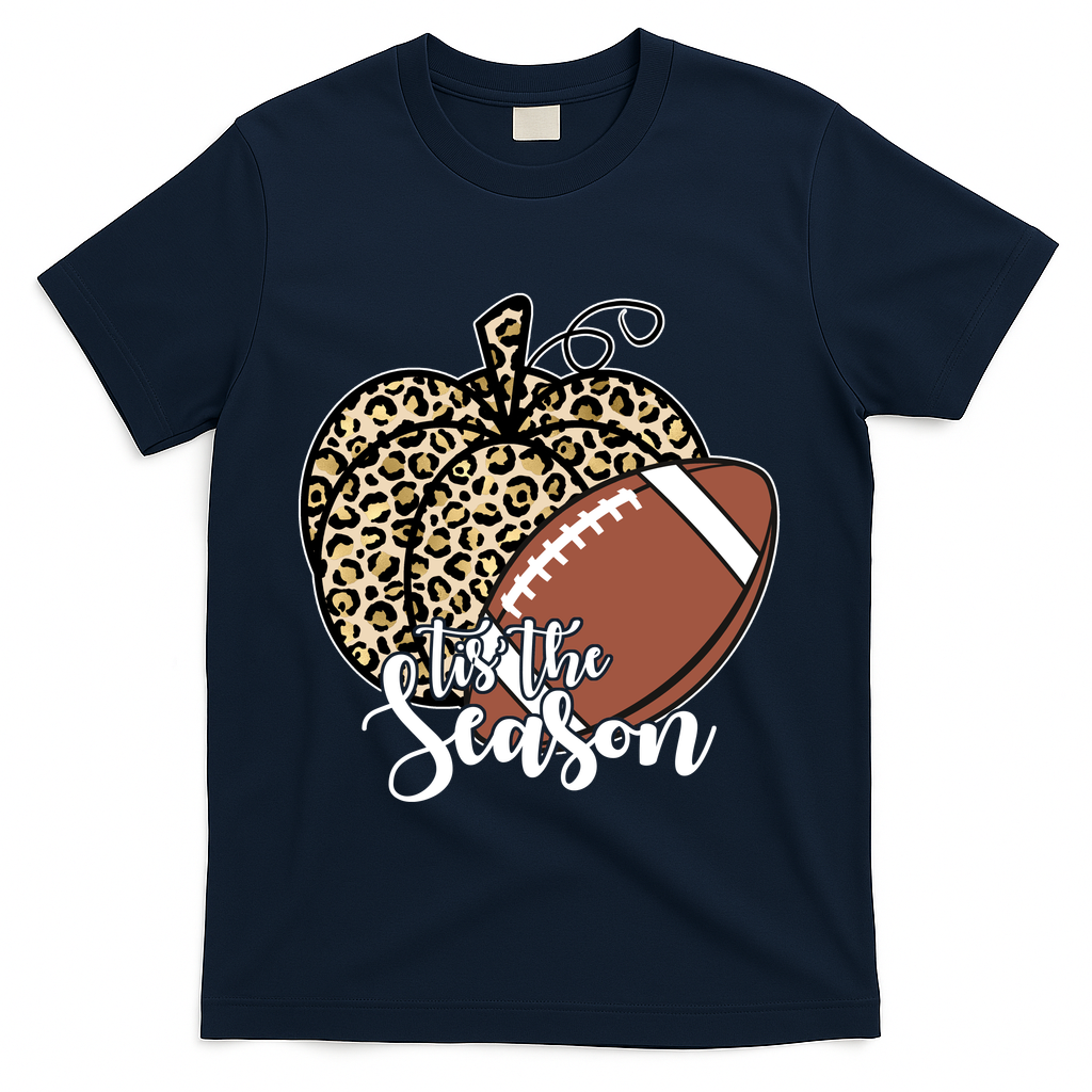 Tis The Season Leopard Pumpkin Football Fall Autumn T-Shirt - Navy