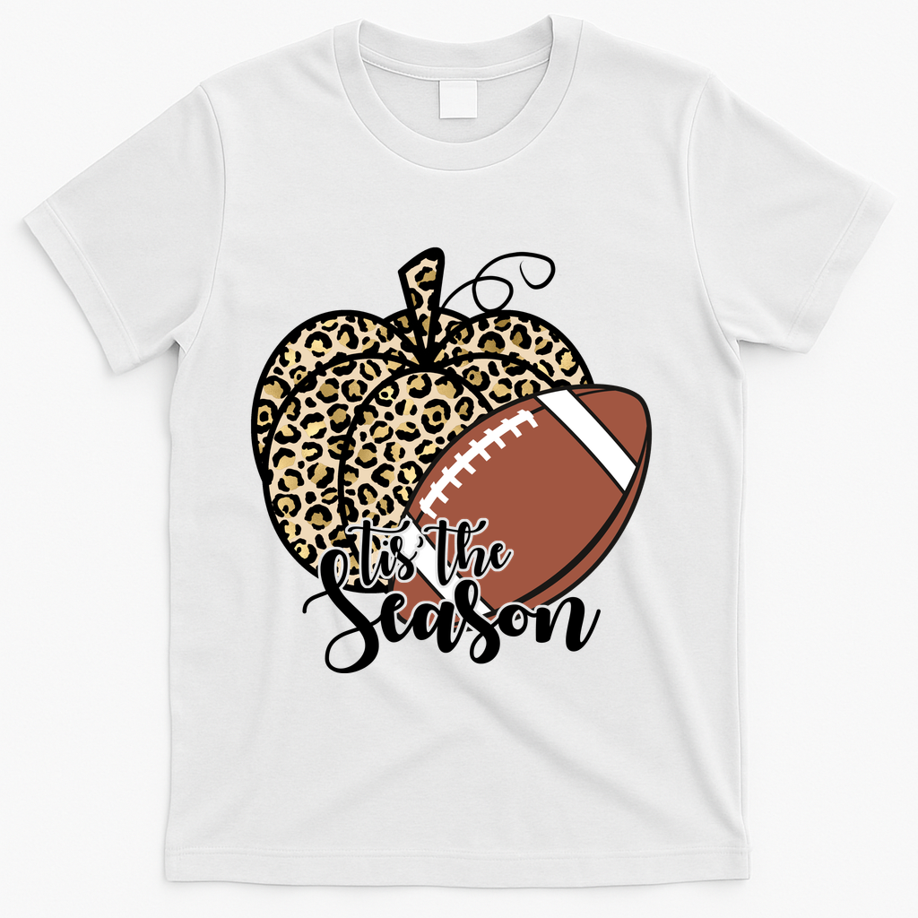 Tis The Season Leopard Pumpkin Football Fall Autumn T-Shirt - White