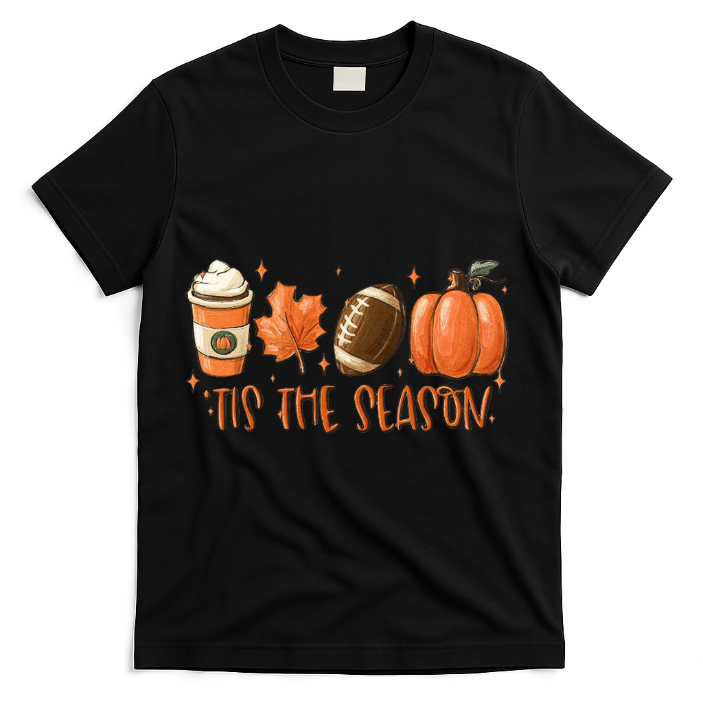 Tis The Season Fall Coffee Football Lover T-Shirt - Black