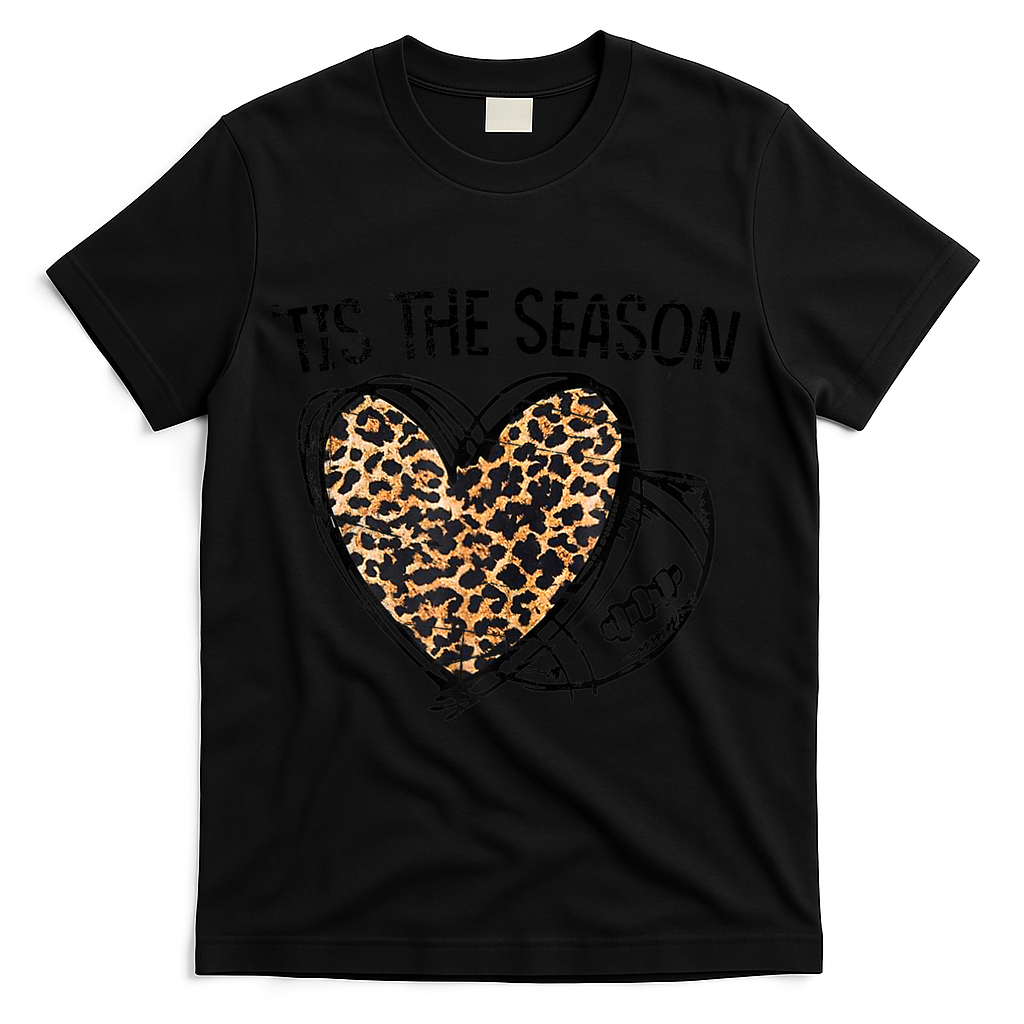 Tis To The Season Leopard Heart Football Season Game Day T-Shirt - Black