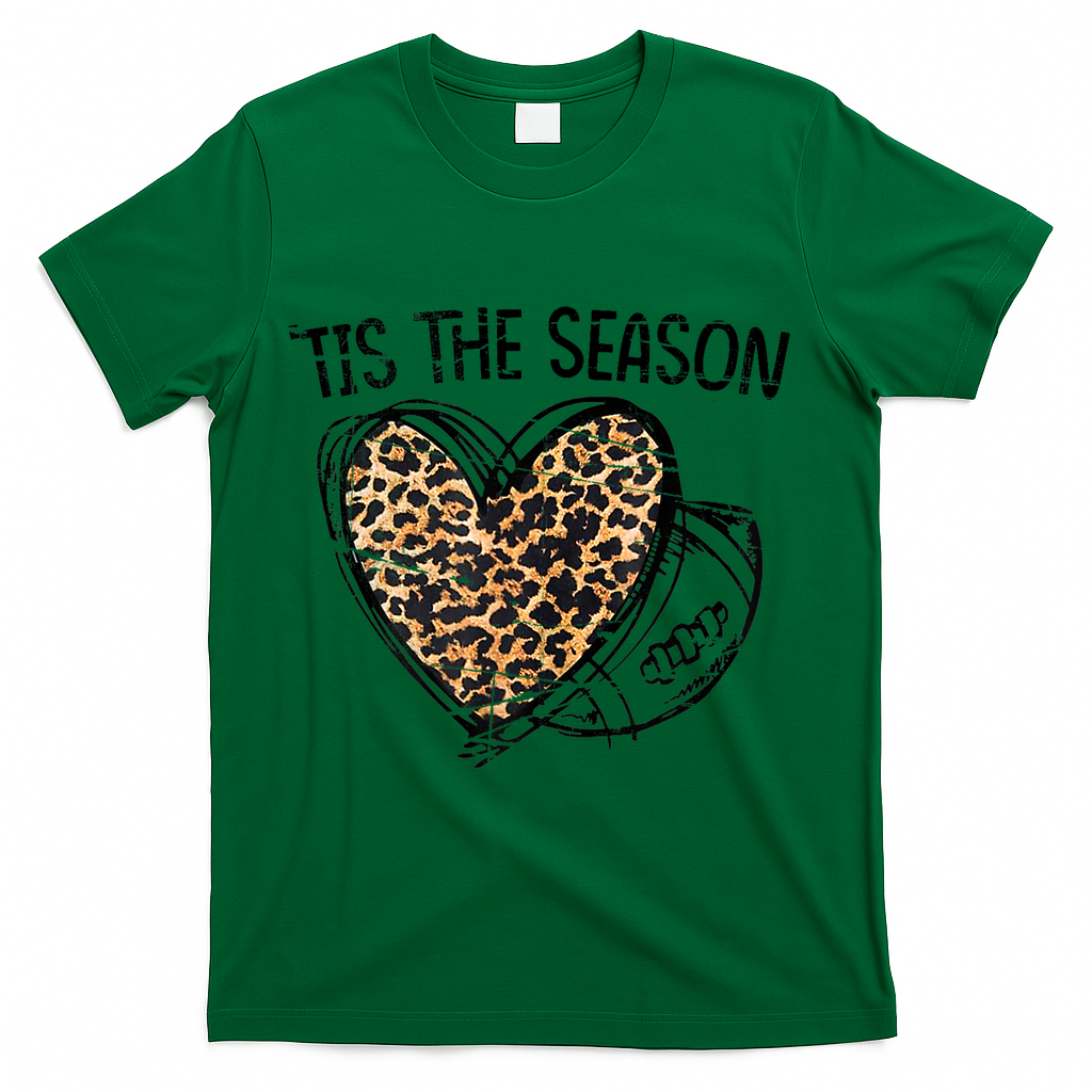 Tis To The Season Leopard Heart Football Season Game Day T-Shirt - Green
