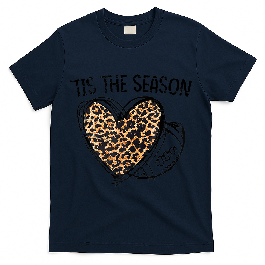 Tis To The Season Leopard Heart Football Season Game Day T-Shirt - Navy