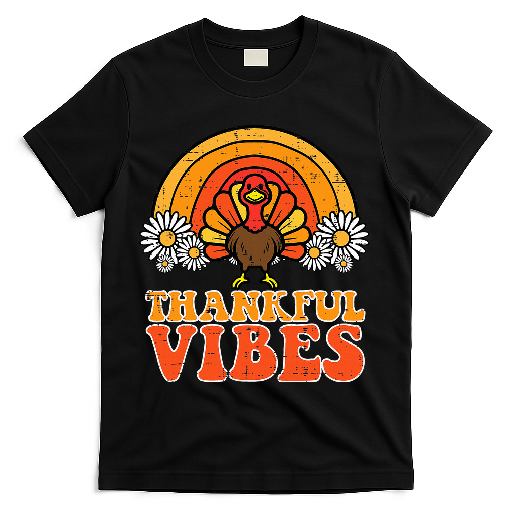 Thankful Vibes Turkey Rainbow Thanksgiving Women T-Shirt - Black