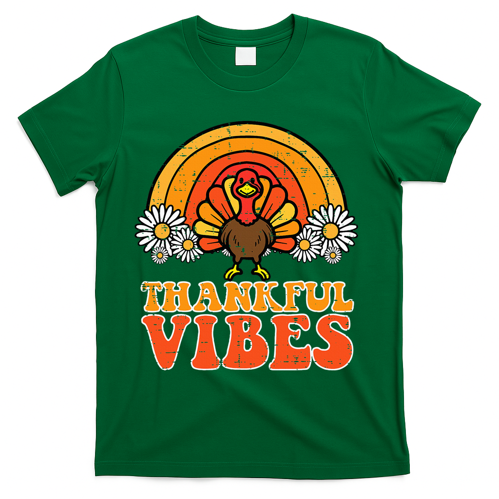 Thankful Vibes Turkey Rainbow Thanksgiving Women T-Shirt - Green