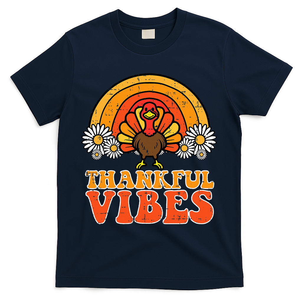 Thankful Vibes Turkey Rainbow Thanksgiving Women T-Shirt - Navy