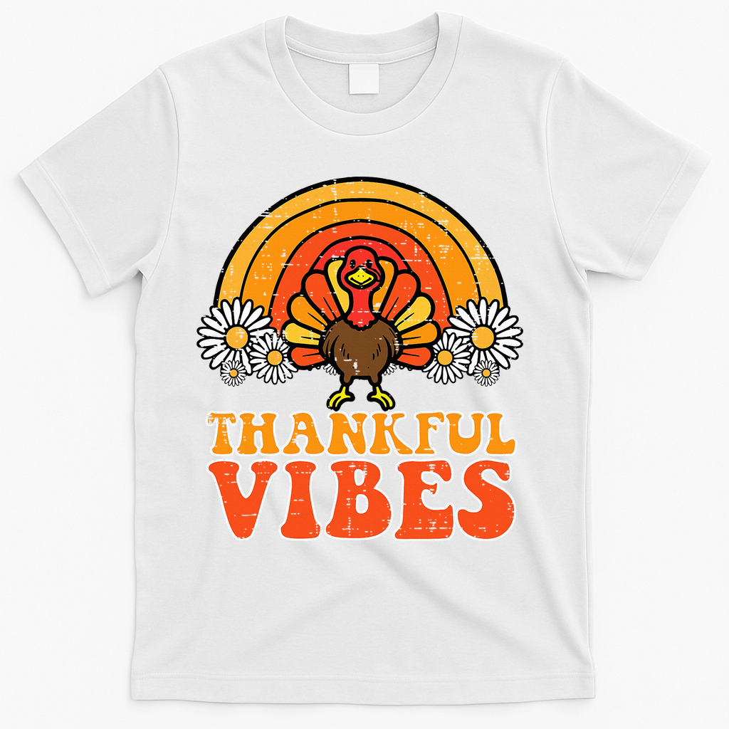 Thankful Vibes Turkey Rainbow Thanksgiving Women T-Shirt - White