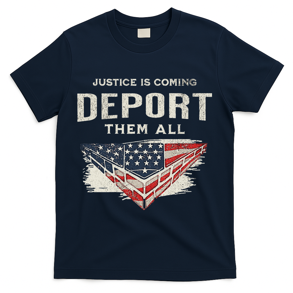 Trump Won 2024 Justice Is Coming Deport Them All Wall T-Shirt - Navy