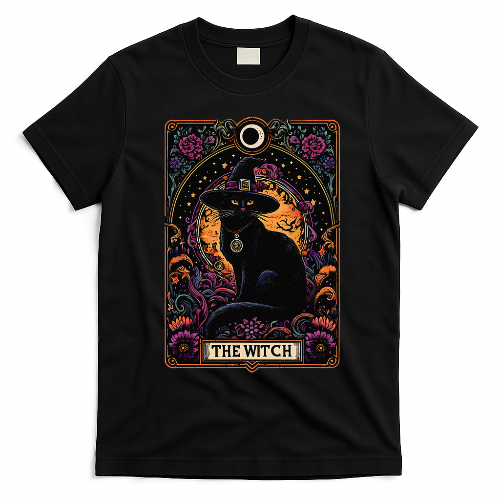 The Witch Cat Tarot Card Halloween Vintage Gothic T-Shirt - Black